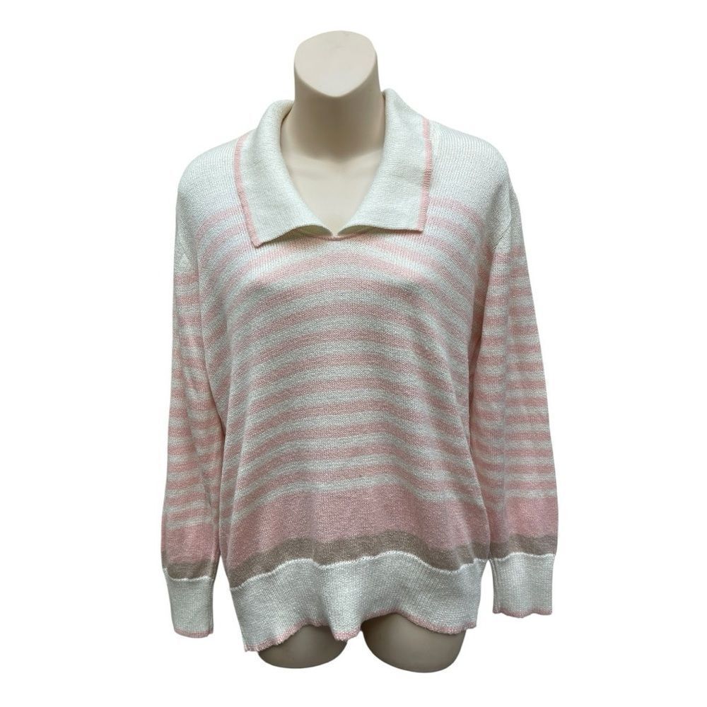 Vintage Vivanti Striped Collared Sweater Pink Cream Made in USA M L